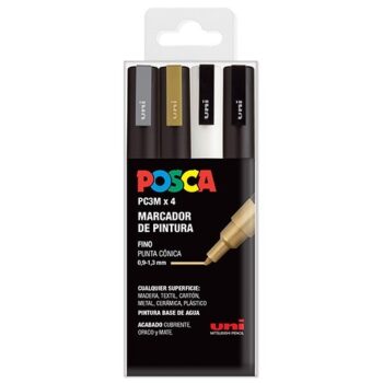 SET DE MARCADORES POSCA PC-3M (ORO | PLATA 1 NEGRO | BLANCO) 4 UDS
